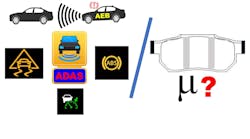 Figure 1- ADAS systems feature automatic braking that rely on brake pads with a specific coefficient of friction represented by the letters &ldquo;Mu&rdquo; or &ldquo;&mu;.&rdquo; If aftermarket pads are installed with less or more Mu than that of OE, the ADAS system may not function as designed.